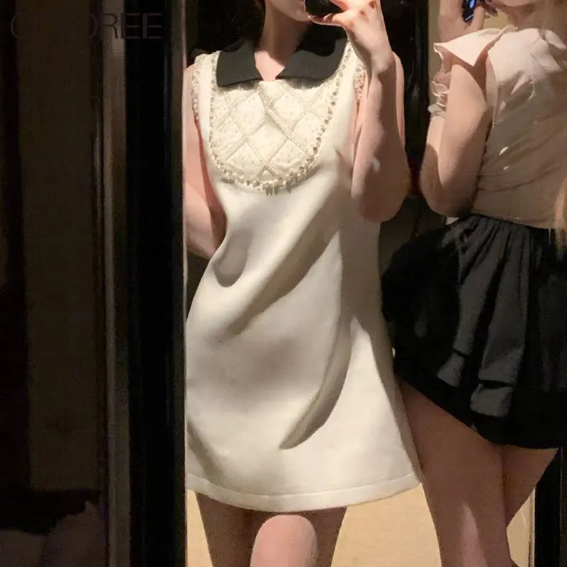 

Luxury Handmade Crystal Beading Summer Dress Women 2023 Elegant Sleeveless Mini Dresses Korean Fashion Vestidos Para Mujer