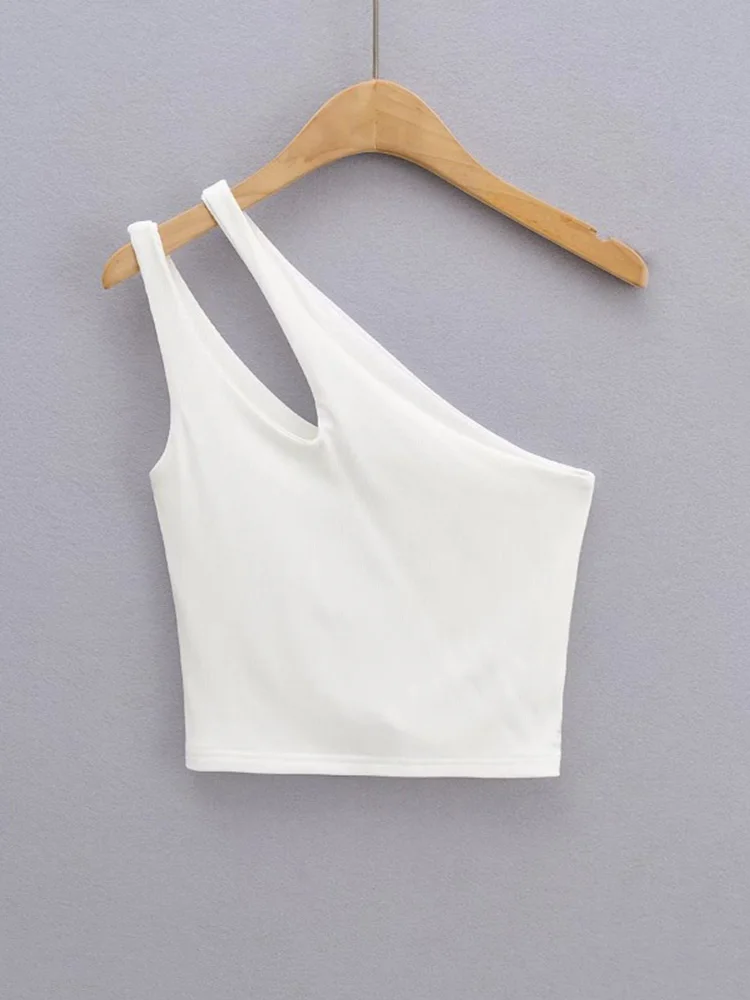 

2024 Sexy Women's Crop Top Solid Stretch Fit Knit Sleeveless One Shoulder Hollow Out Basic Backless Tank Top
