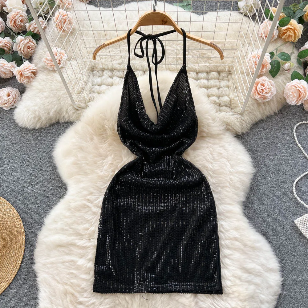

Sexy Halter Glitter Sequins Bandage Dress Off Shoulder Backless Fashion Birthday Party Evening Vestidos Women Goth Slim Dresses