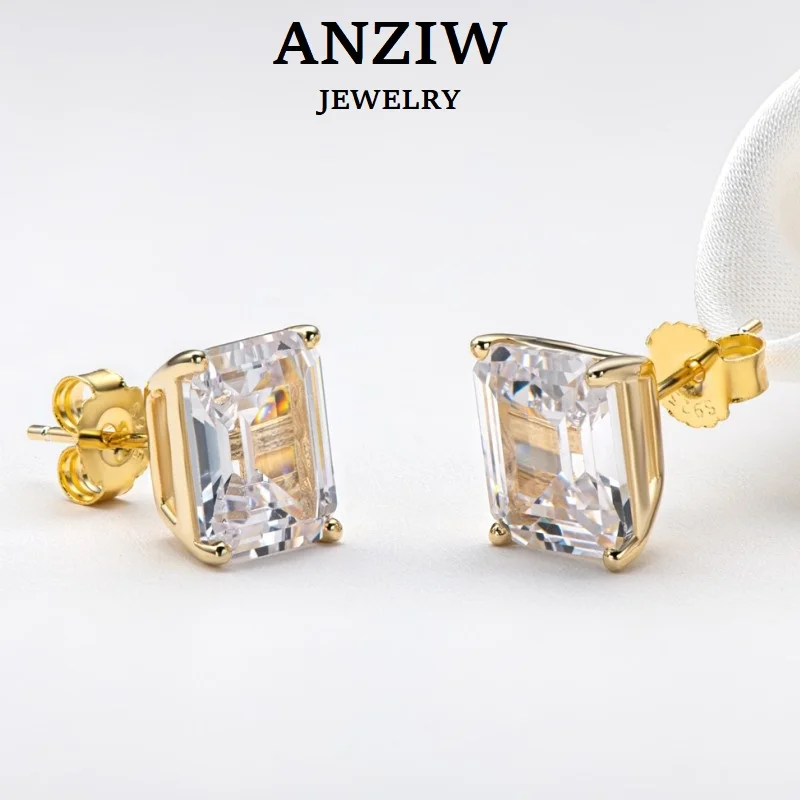 

ANZIW Fashion 925 Sterling Silver Emerald Cut Stud Earrings for Women Geometric Piercing Earring Wedding Ear Buckle Jewelry Gift