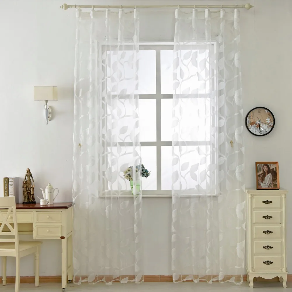 NAPEARL Organza Tulle Curtains Leaf Design White Sheer Fabrics Kitchen Door Panel Transparent Window