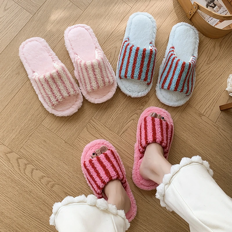 Korean Striped Fluffy Slippers Women 2025 Indoor Non Slip Open Toe Home Slides Woman Comfy Soft Sole Warm Cotton Slippers Female