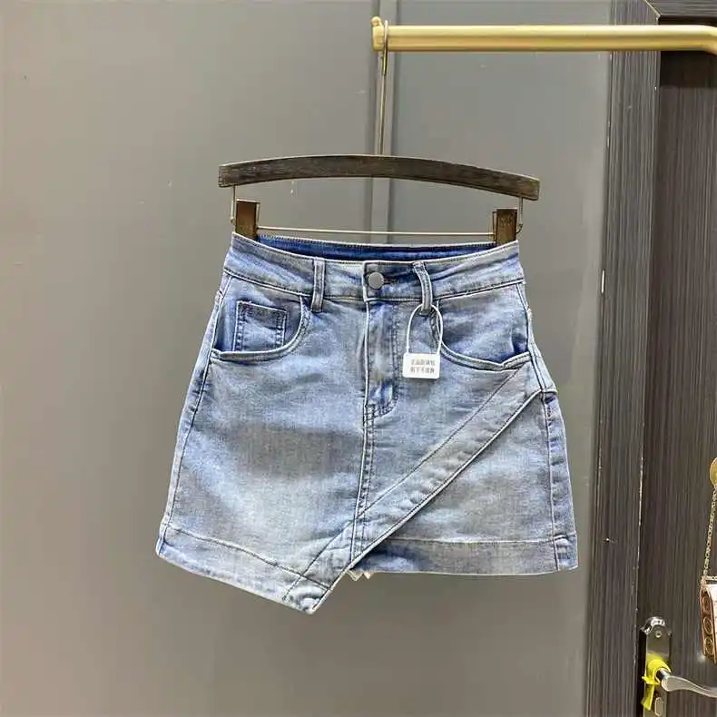 Irregular high waisted denim short skirt for women, anti glare summer 2024 new A-line slim wrap hip skirt