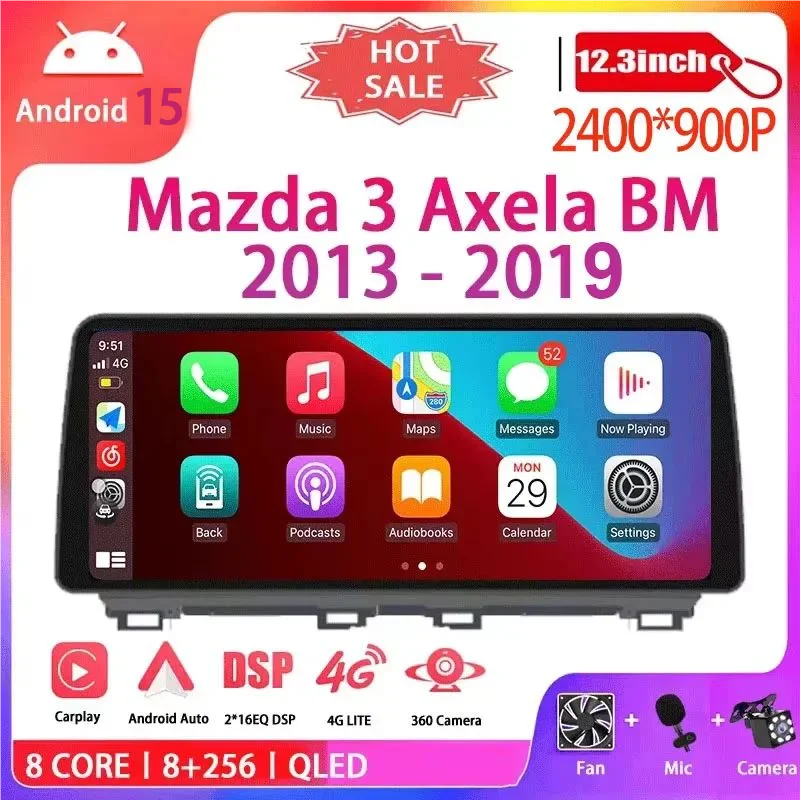12.3 Mazda 3 Mazda3 3 Axela BM 2013-2019 안드로이드 15 QLED 스크린 GPS 카 라디오 비디오 플레이어 멀티미디어 네비게이션 카플레이