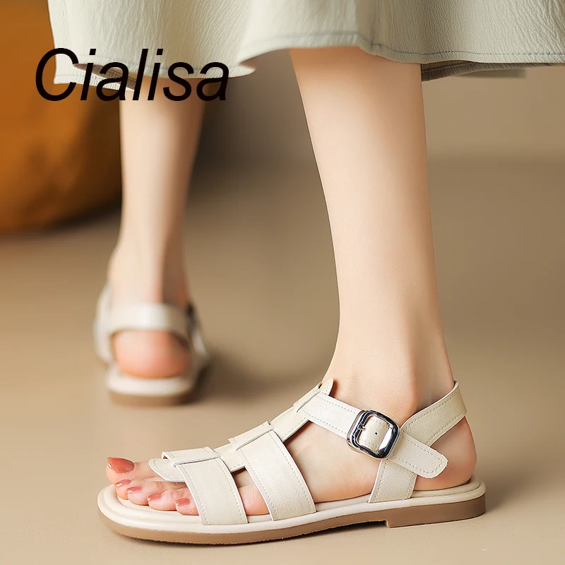 

Cialisa Women Shoes 2023 Summer Genuine Leather Rome Style Sandals Ladies Casual Buckle Strap Handmade Daily Flats Sandal Brown