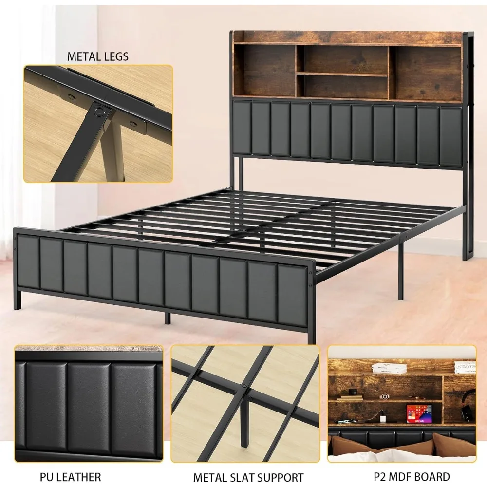 Bed Frame with Storage Upholstered Shelves Headboard, Outlets with Charging Ports and Colorful LED Lights 4
