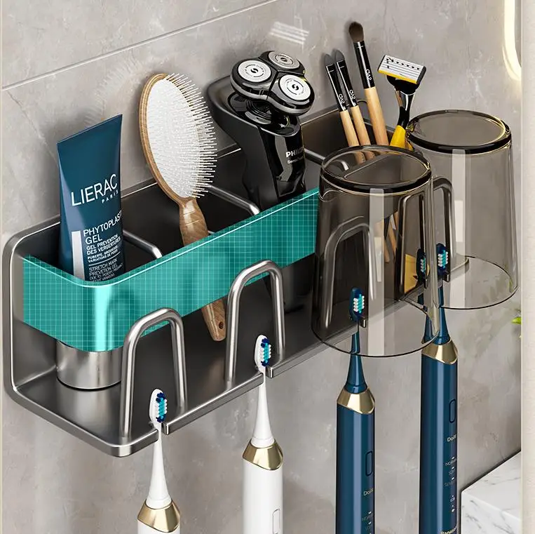 Description Picture 4 of item2 Cups Toothbrush Holder Wall Mounted With Toothpaste Dispenser Bathroom Accessories Set, Black Tooth Brushing Holder Bathroom