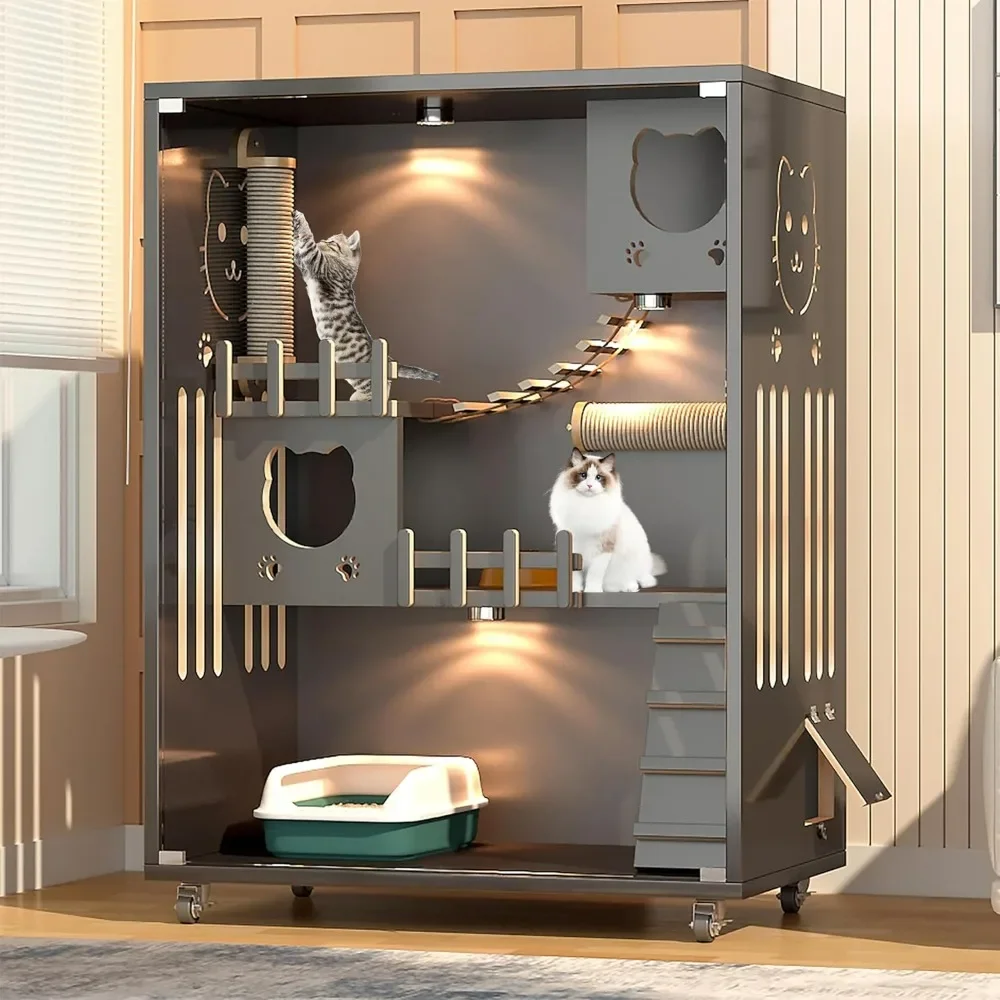 Large Indoor Cat Enclosure, Wooden Large Cat Villa, Indoor/Outdoor Enclosure with Wheels, Multi-Feature Enclosed Cats Houses