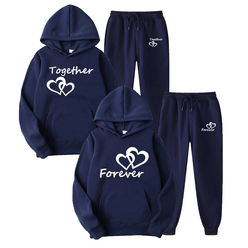 

2022 Men and Women Couple Set Lover Forever Together Originality Fashion Printed Hooded Suits Hoodie and Pants Streetwear 4XL