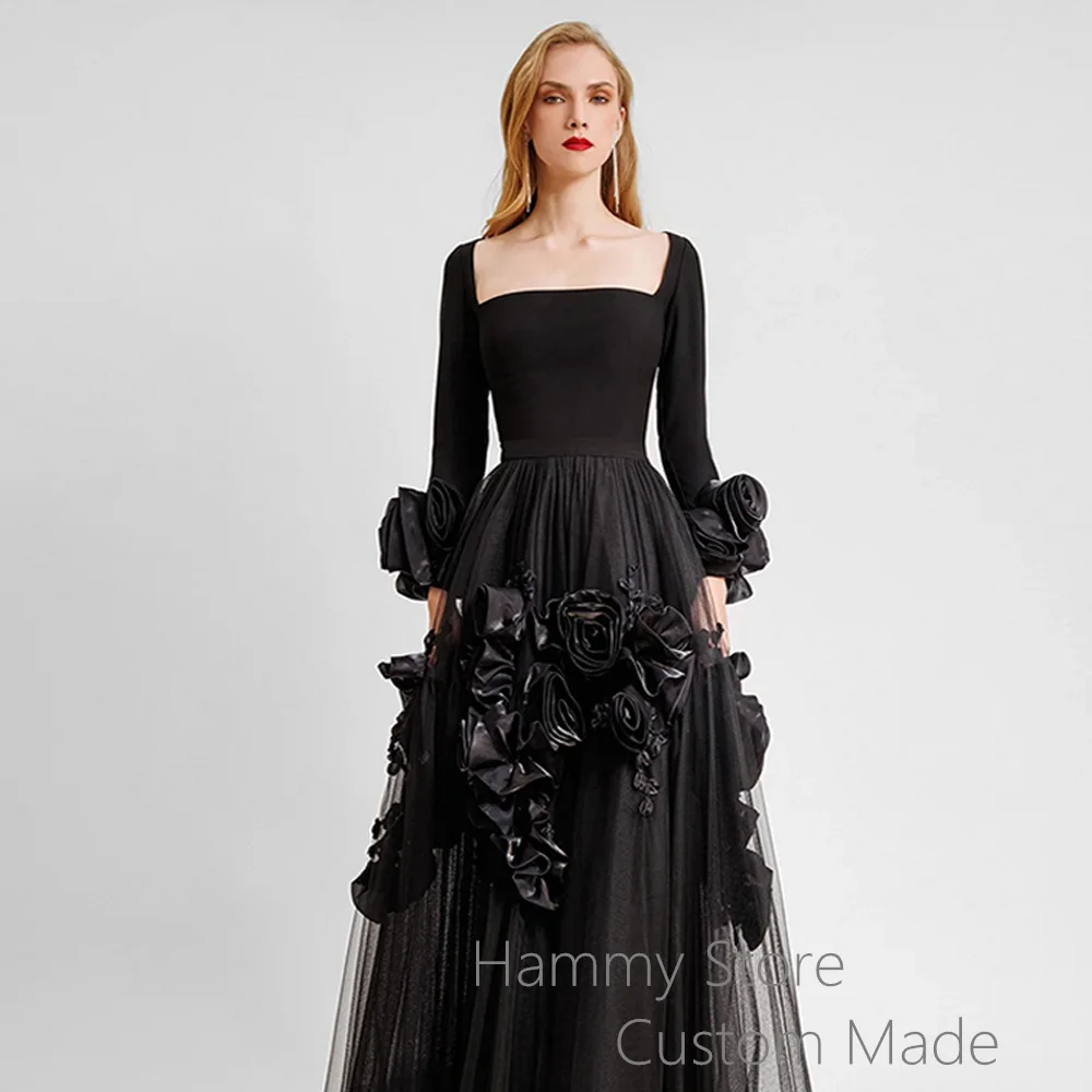 Fashion Black Prom Dress Handmade Rose Flowers Long Sleeves Square Neck Tulle A Line Saudi Arabic Evening Dresses Party Gown