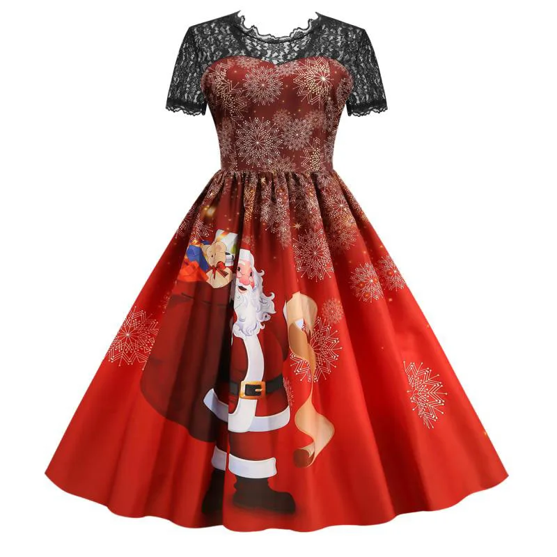 Weihnachts kostüm Party kleid Frauen Kurzarm Spitze Vintage Robe elegante Weihnachten Abendkleid ung – Detail 30