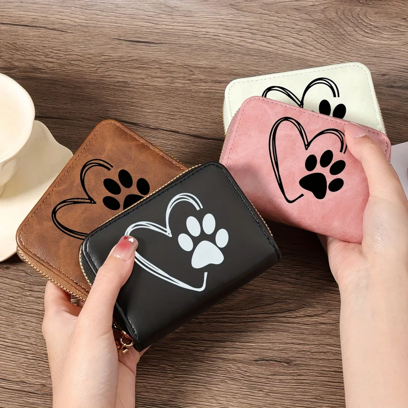 Heart-shaped Cat Paw Print Accordion Wallet for Women Faux Leather Card Holder Short Zipper Wallet