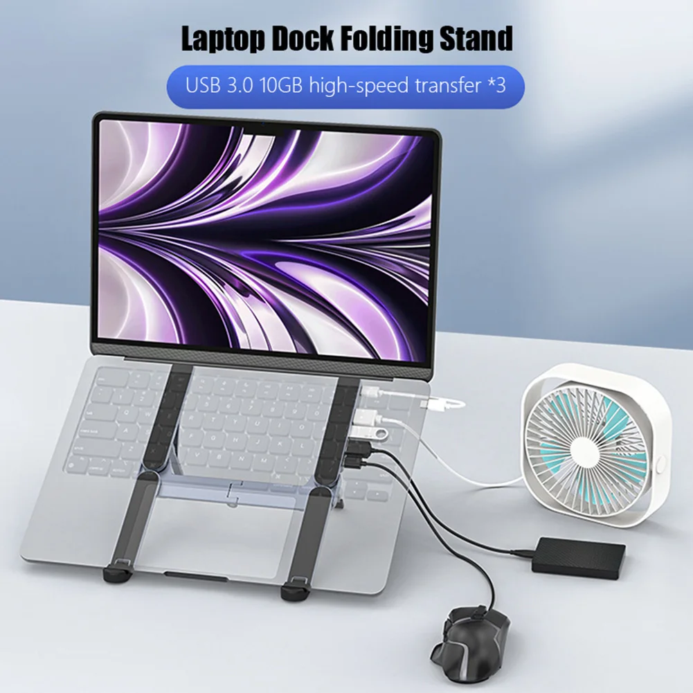 알루미늄 합금 노트북 홀더 스탠드(허브 포함) USB 3.0 유형 C 조정 가능한 접이식 휴대용 냉각 노트북 Mac용 미끄럼 방지 스탠드