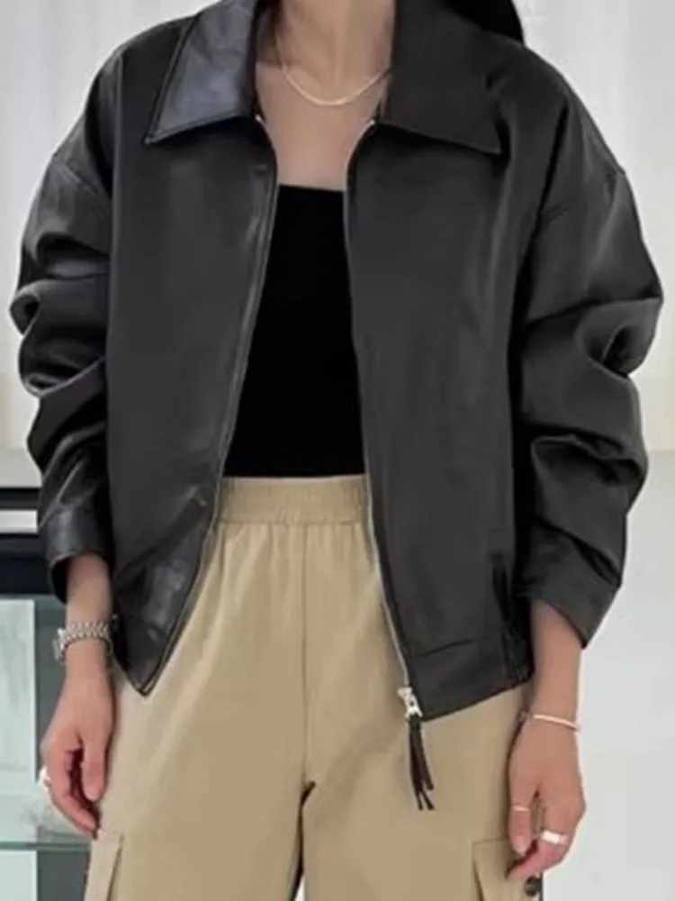 

Lapel Double Zipper Pocket PU Leather Motorcycle Jacket Lady Outerwear Women's Overcoat Bomber 2023 Autumn Winter X480