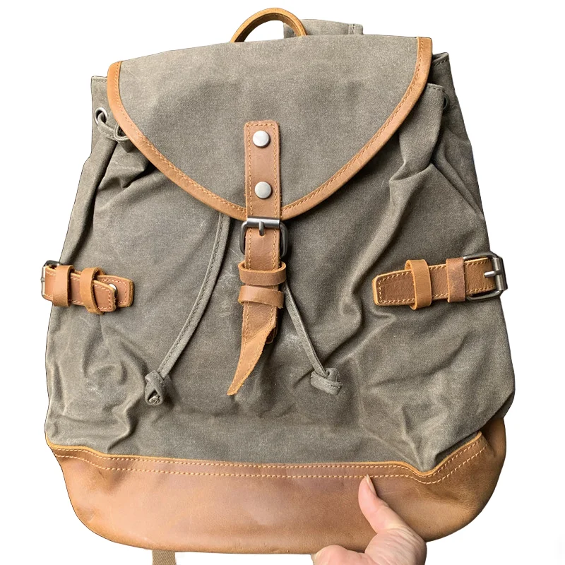 

Waxed Canvas Vintage Backpack Men Bag Waterproof Outdoor Travel Flap Pocket Drawstring Large Computer Laptop Bagpack School Bags