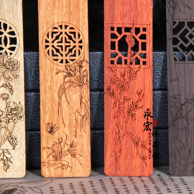 Retro Wooden Bookmarks Carving Plum Blossom Orchid Bamboo Chrysanthemum Chinese Style Book Mark School Kid Reading Tool Supplies
