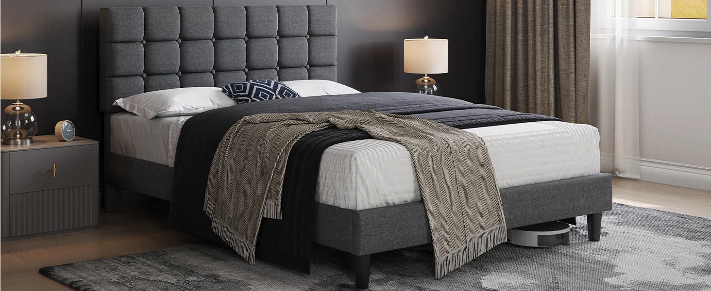Upholstered Bed Frame with Square Tufted Headboard, Strong Wooden Slats Support Height Adjustable