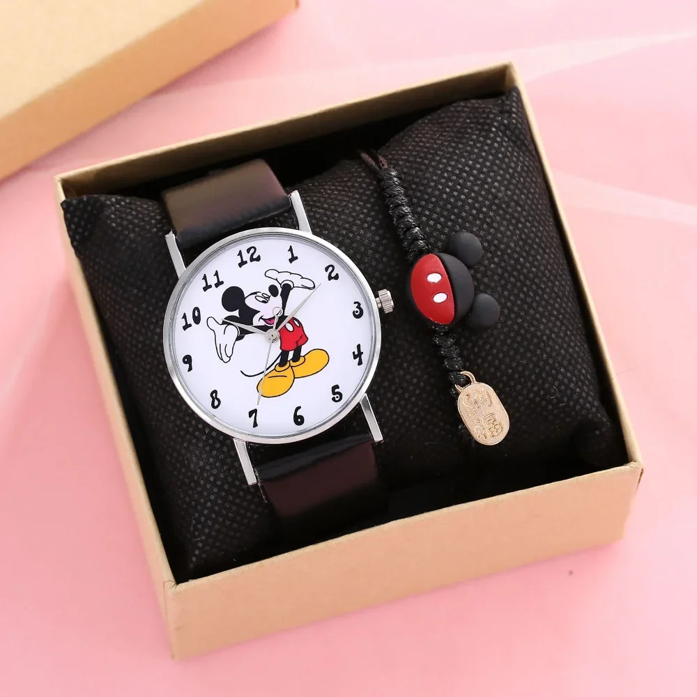 New Disney Womens Children Watch Bracciale Set Confezione Regalo Fashion Mickey Mouse Cartoon Watches For Kids Women Bracciali Con Scatola