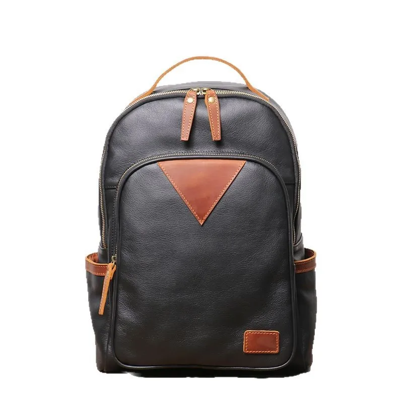 Men's Soft Genuine Leather Backpack Large Capacity Laptop Bag for Commute & Travel, Durable Two-Tone Casual Daypack