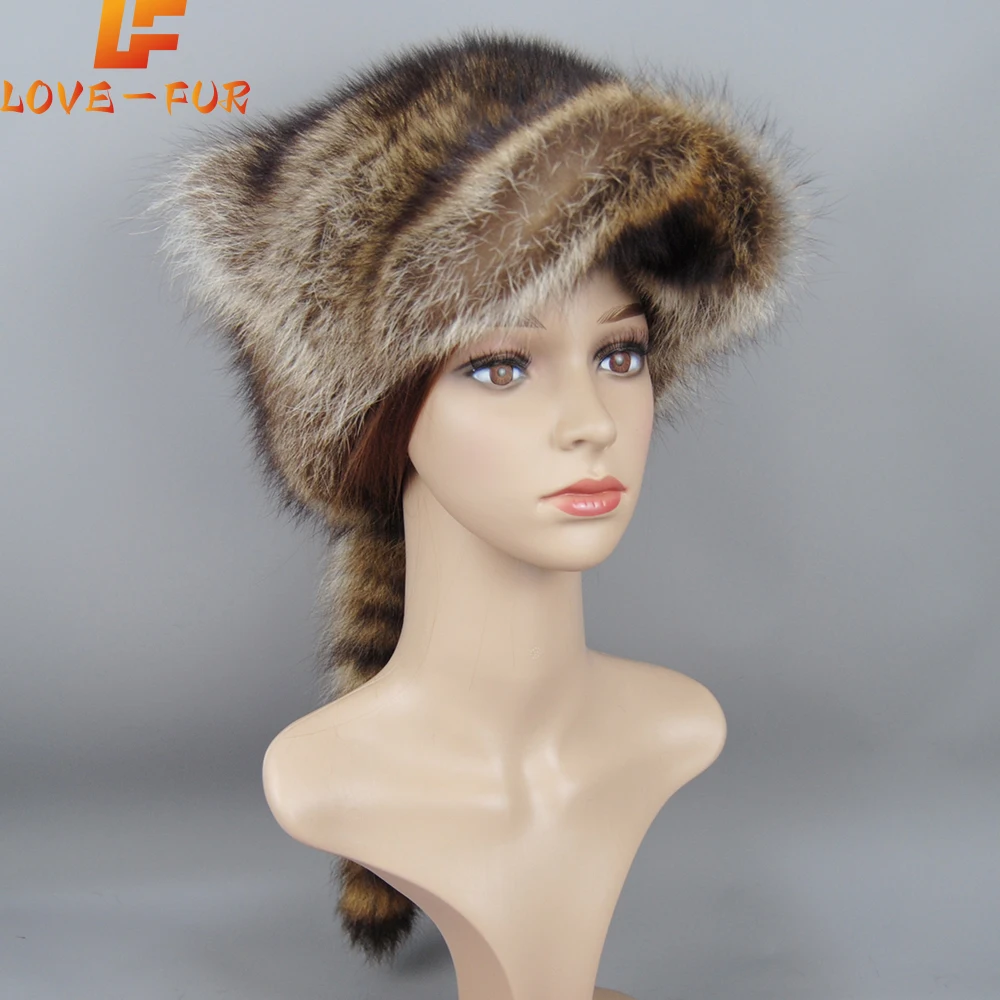 New Lady Real Raccoon Fur Cap Donna Natural Raccoon Fur Caps Ushanka Hat For Winter Thick Warm Ear Fashion Bomber Pom Pom Hats