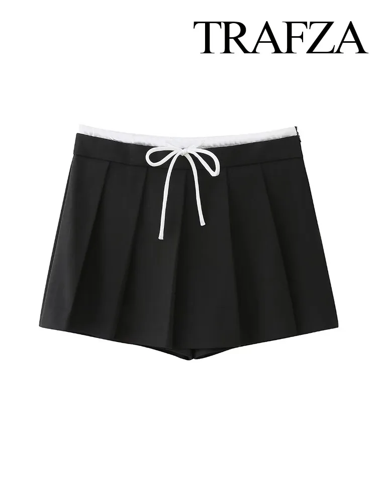

TRAFZA Women's Spring New Fashion Short Pants Black High Waist Bow Lace-Up Drawstring Pleat Shorts Female Casual Slim Culottes
