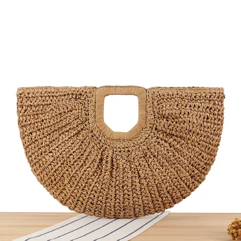 Summer Straw Women Half-moon Beach Handbag Rattan Handmade Handle Fashion Kintted Tote Bag Ladies Straw Bag Wrapped Beach Bag 1