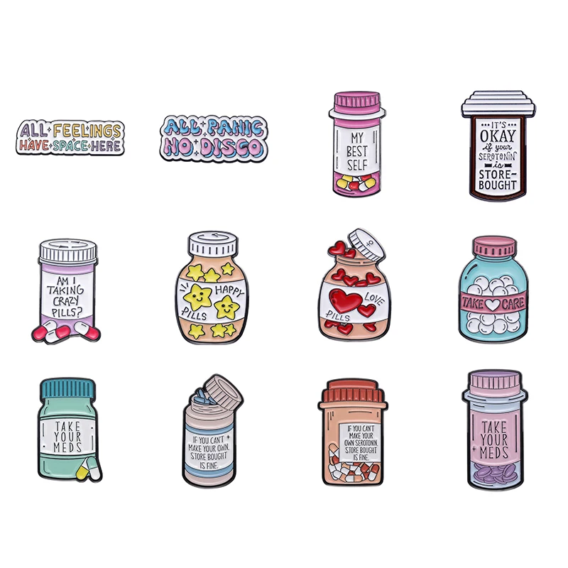 Prendersi Cura Della Salute Mentale Spilla Smaltata Crazy Happy Love Pills Alleviare L'Ansia Distintivi In Metallo Medico Gioielli Con Spille Punk