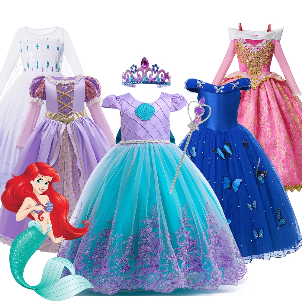 

Disney Mermaid Ball Gown Costume For Girl Kids Back Bow Children Fancy Birthday Party Princess Dress Luxury Ariel Cosplay Aurora