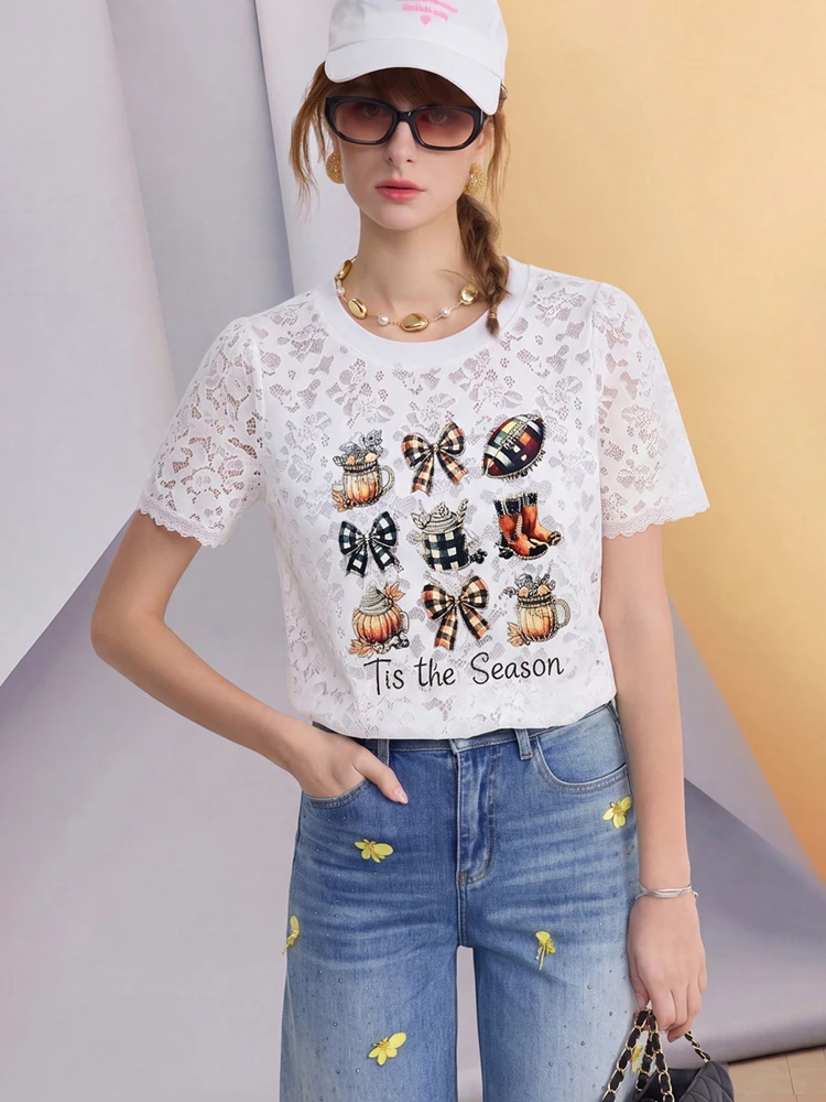 Women Black Lace Graphic Top Vintage Print Blouse Loose Fit Casual Streetwear Tee Shirt Fashion Summer Top 5