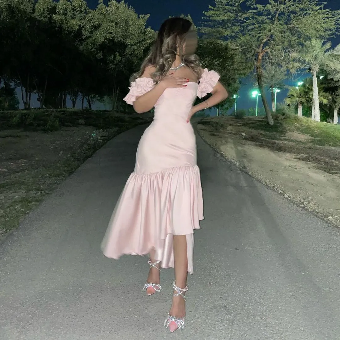 

BridalAffair Short Pink Evening Dress With Ruffles Mermaid Pleated Sweetheart Tea Length Robe De Mariée Party Gown For Women