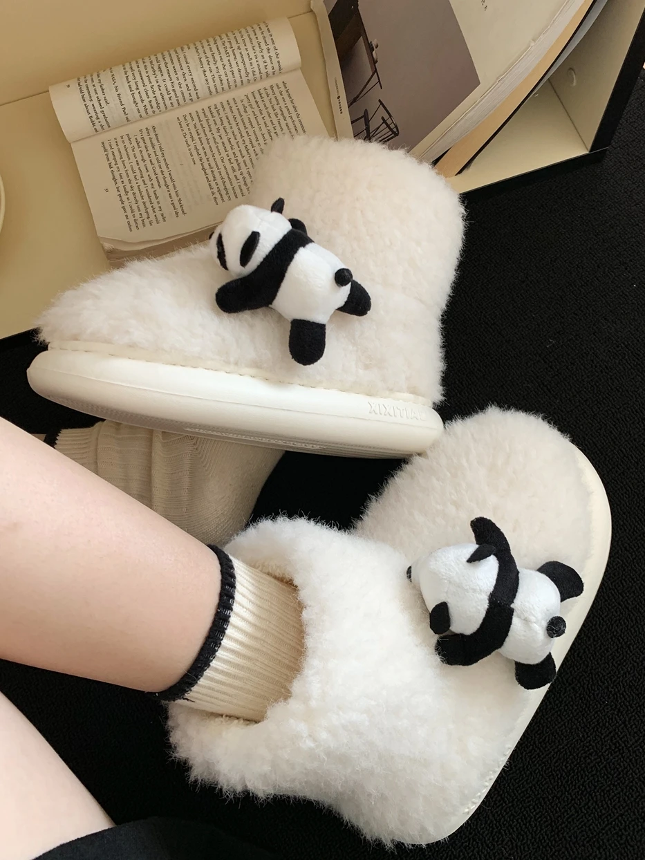 Cute Adorable Lying Down Bear Lamb Wool Cotton Shoes For Women 2023 Winter Casual And Versatile Warm And