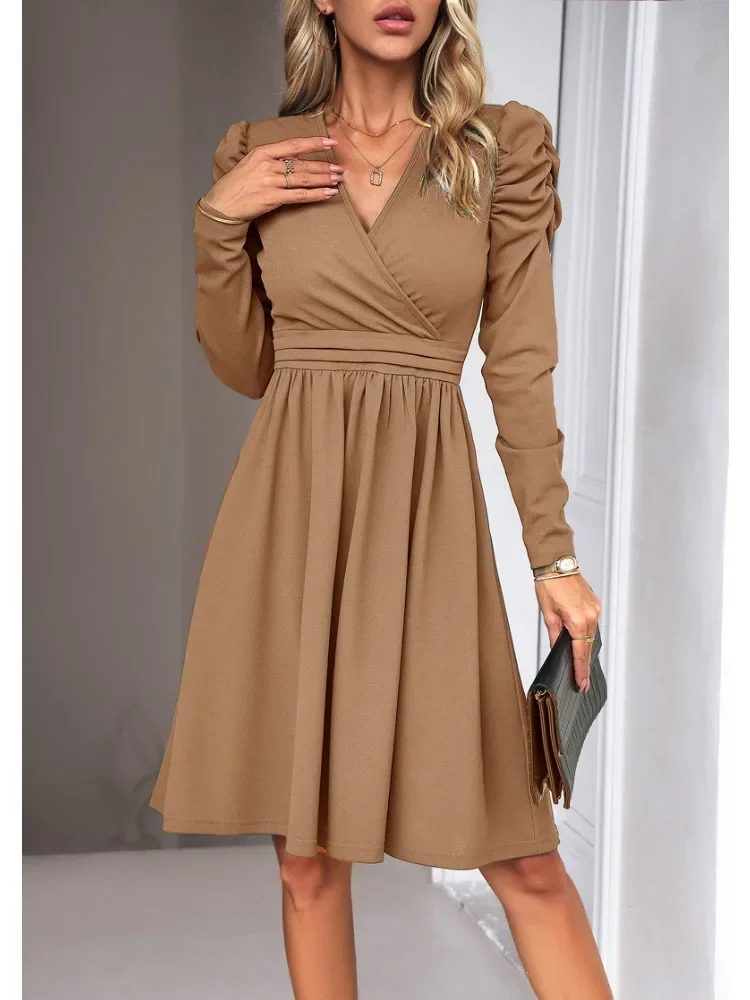 

2023 Autumn/Winter Women's Dresses Robe Elegant Solid Color V-neck Long Sleeve Dress Commuter Fashion Women Clothing Streetwear