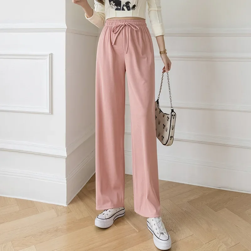 Women Summer High Waist Elastic Sash Ice Silk Pants 2024 Solid Color Casual Loose Long Trousers Soft Comfortable Wide Leg Pant ancient style waist jade ornament waist pendant chinese hanfu hanging rope tassel waist chain palace sash buckle rope