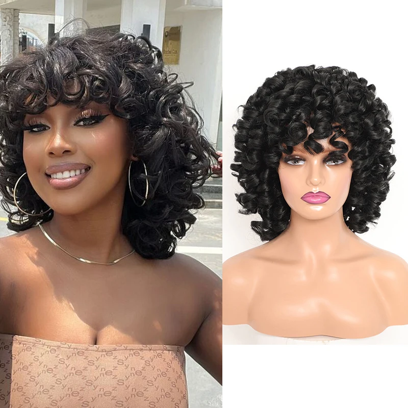 Belle Show Synthetic Short Curly Hair Wigs With Bangs Female Bob Wig Fluffy Loose Curly Hair With Bangs For Black Women Pink Red