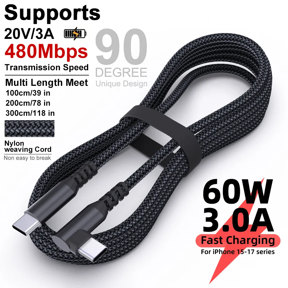 60W Hızlı Şarj C'den C'ye Dirsekli Veri Kablosu 1m 2m 3m Apple 15 16 Samsung Xiaomi Redmi ile Uyumlu Tip C Şarj Kablosu