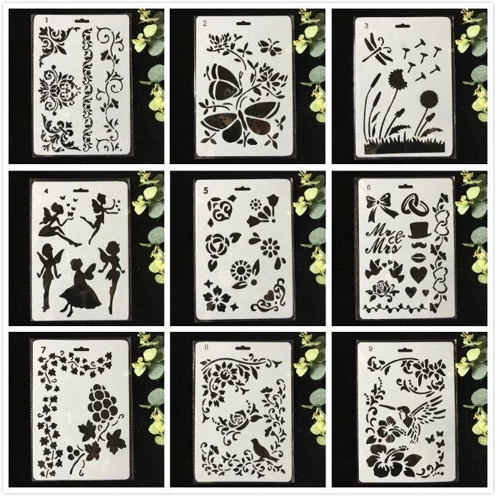 9Pcs/Pack 27cm Butterfly Fairy Flower DIY Layering Stencils Wall Painting Scrapbook Coloring Embossing Album Decorative Template 2pcs butterfly flower and plant metal cut dies stencils for scrapbooking stamp photo album decorative embossing diy paper cards