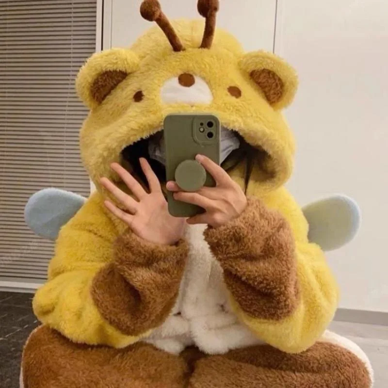 Women Honey Bee Robe Flannel Hooded Nightgown Thickened Warm Cute Autumn Winter Coral Fleece Casual Clothing