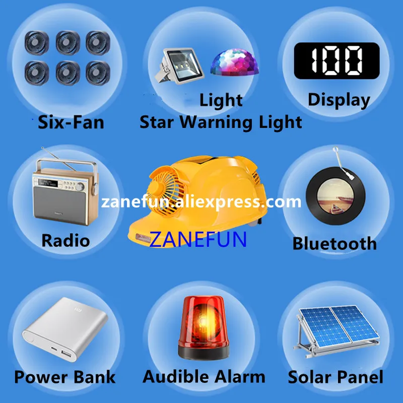 Solar ABS Cap With 6 Fans 16000mAh Lithium Battery Bluetooth Radio LED Headlight Warning LCD Solar 6-Fan Helmet