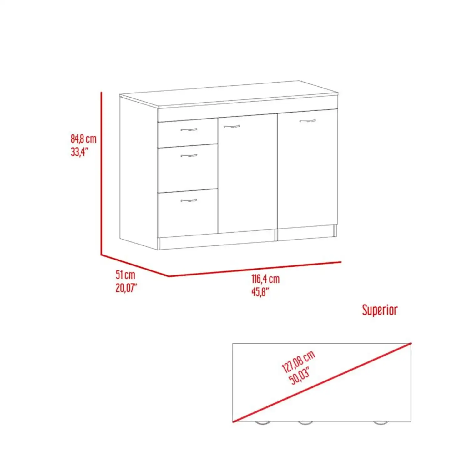 Grecia Kitchen Base Cabinet,Three Drawers, Two Internal Shelves White / Dark Walnut 2