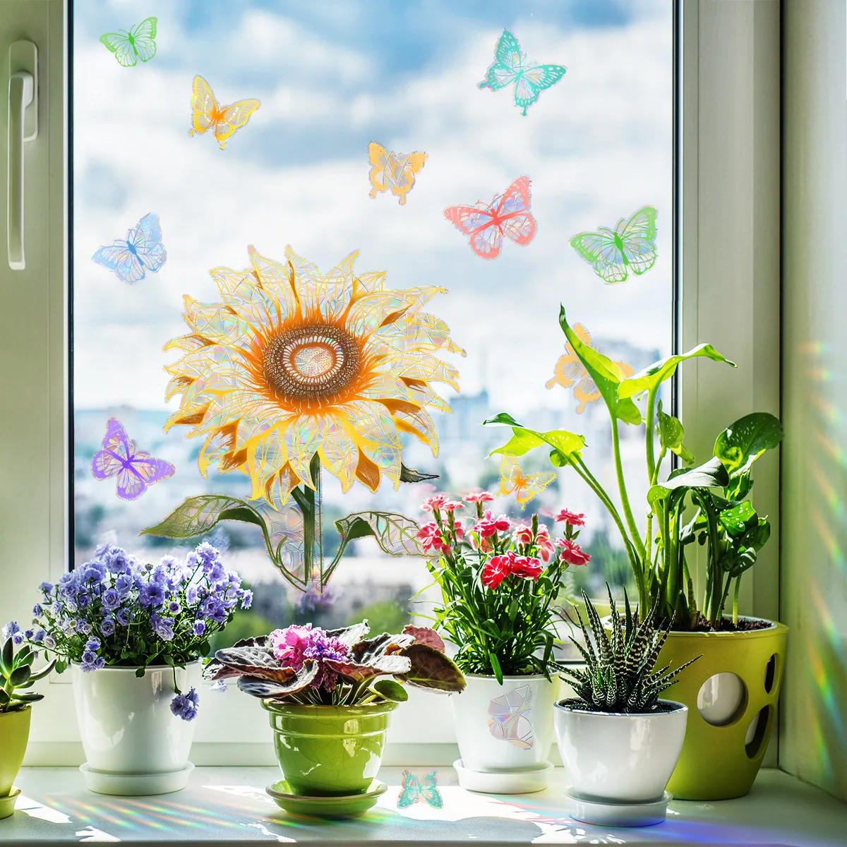 Big Sunflower Butterfly Suncatcher Decals Rainbow Maker PVC Window Glass Sun Catcher Stickers Prisms Sunlight Sticker Home Decor