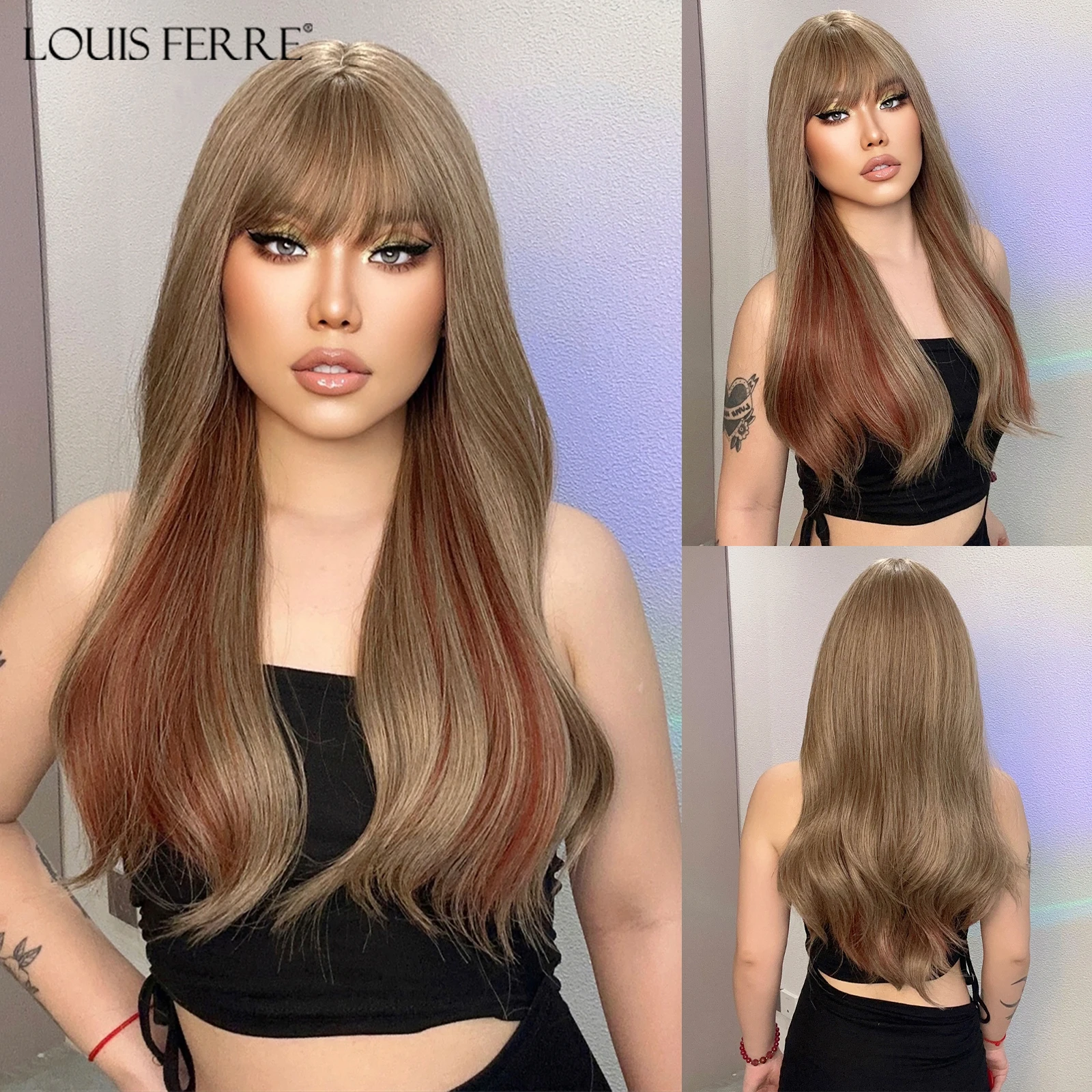 Louis Ferre Rosso Marrone Evidenziare Parrucche Sintetiche Lunghe Con Frangia Parrucca Onda Naturale Per Le Donne Cosplay Quotidiano Capelli Finti Res