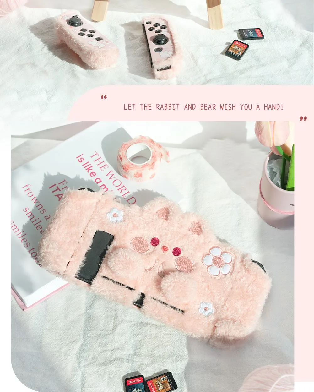 geekshare nintendo switch capa protetora bonito urso rosa pelúcia nintendo switch casca dura dividir capa para ns acessórios