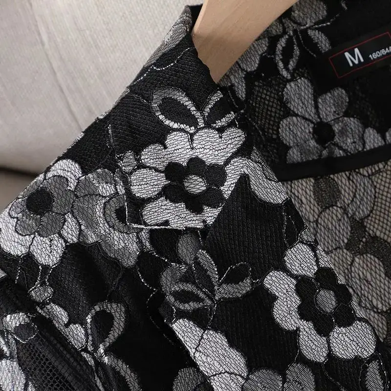 Floral Lace Hollow Out Blazers Pockets Korean Casual Skinny Gauze Button Spring Summer Women's Clothing Thin Feature Notched