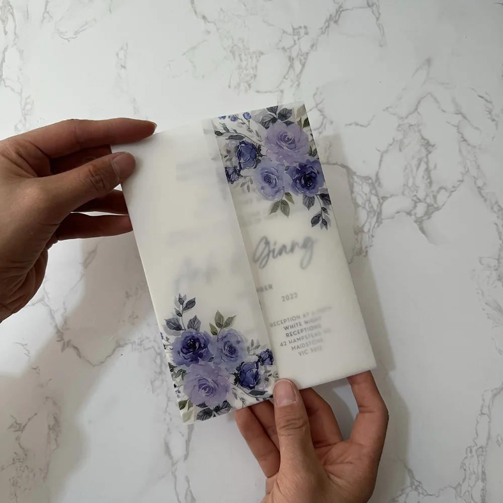Purple flower Vellum Wrap 5 x 7 Wedding Invitation wedding invitations flower vellum wrap