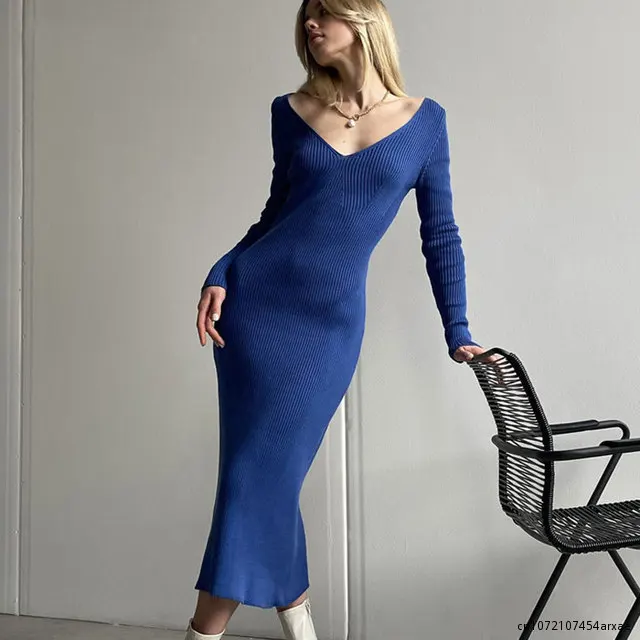 

Knitted V-Neck Flared Sleeve Dress Women Solid Sexy Elegant Loose Long Female Dresses 2023 Autumn Casual Solid Ladies Vestidos