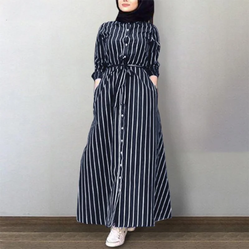 Muslim Abayat Dress for Women, Casual Style Robe, Striped Shirt, Women's Dress for Europe and America, New