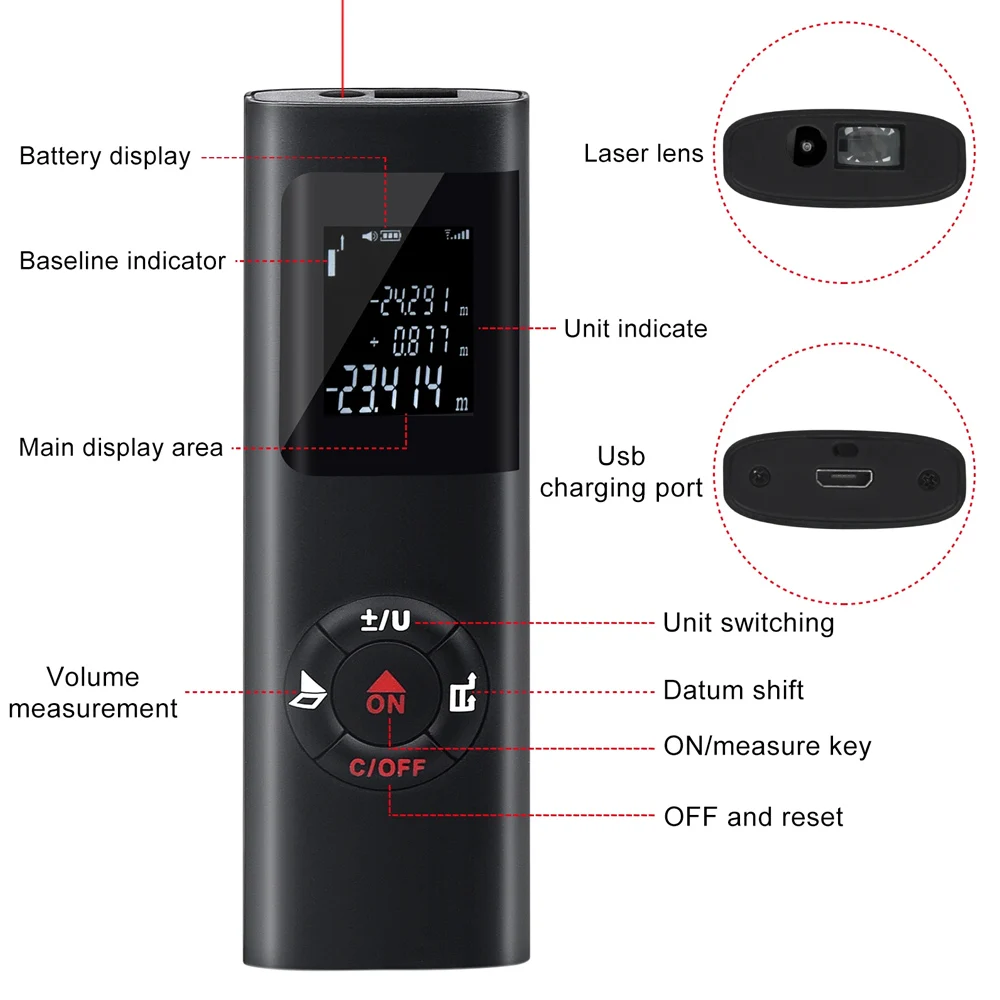 Laser Rangefinder Distance Meter Laser Tape Measure Digital Tape Measure 60M/40M Mini Smart Laser Distance Meter Measure Infrared Rangefinder USB Rechargeable Portable Handheld Laser Range Finder Tools