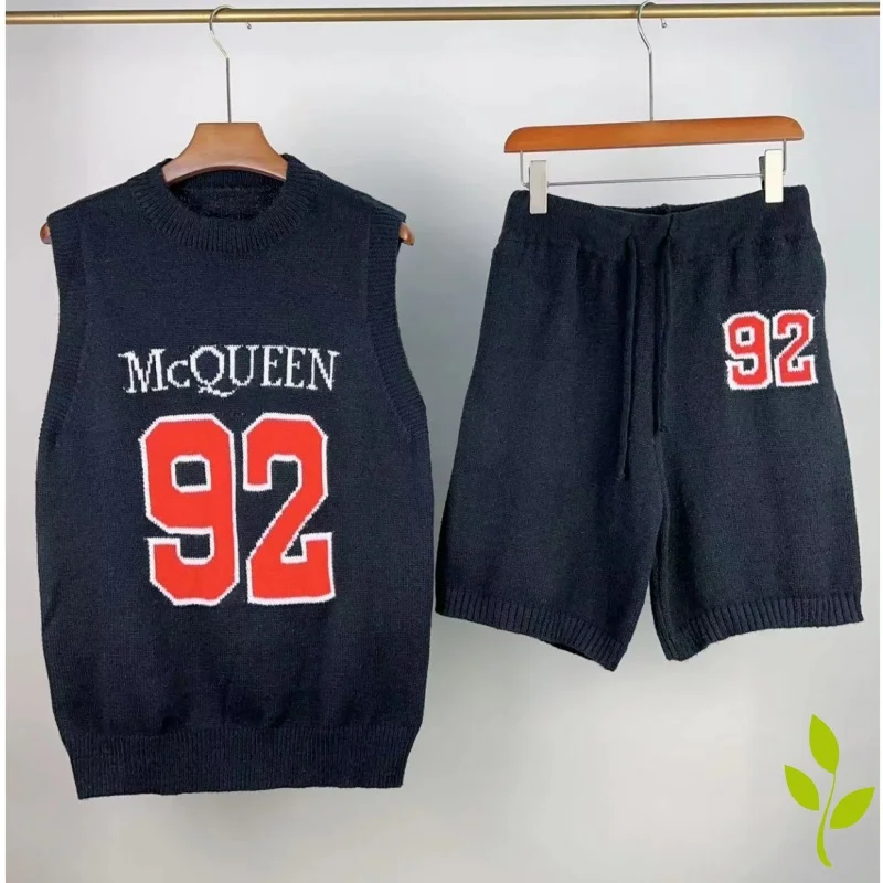 

Black Round Neck McQueen Sleeveless Sweater Vest Set Alphanumeric Partial Jacquard Casual Sweaters and Shorts Set for Men Women