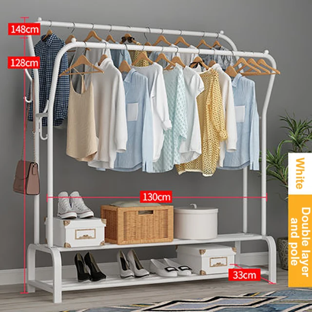 Garment Rack Free-standing Clothes Rack with Top Rod,Coat Rack Clothes, Hanger Wardrobe ,Clothes for Rack Lower Storage W-2layer-pole -130cm