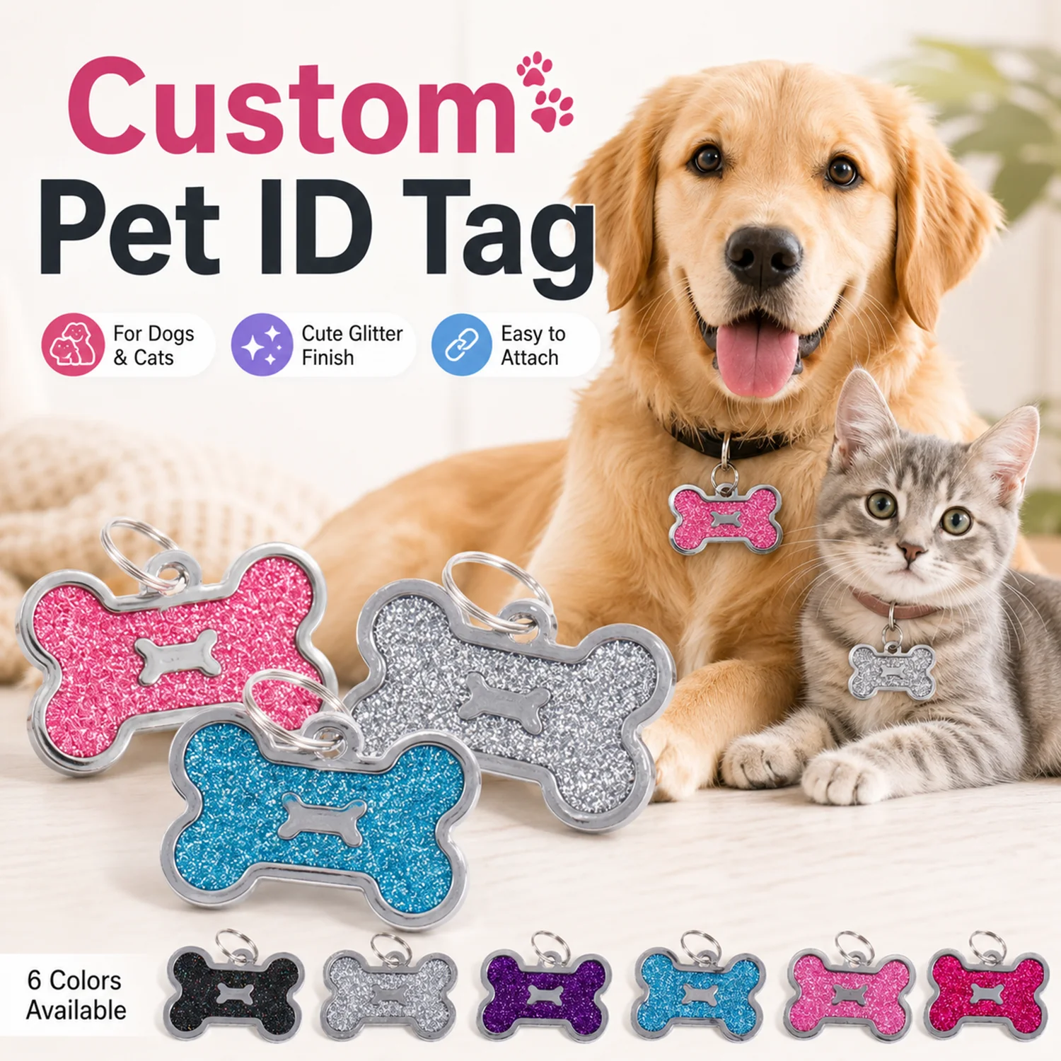Personalized Bone-Shaped Dog ID Tag with Custom Text and Laser Engraving